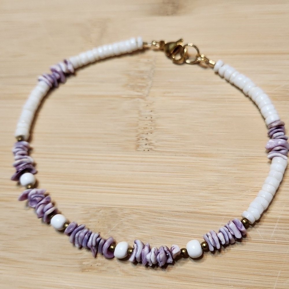 Hand Crafted Purple and White Beaded Ankle Bracelet Anklet Shells